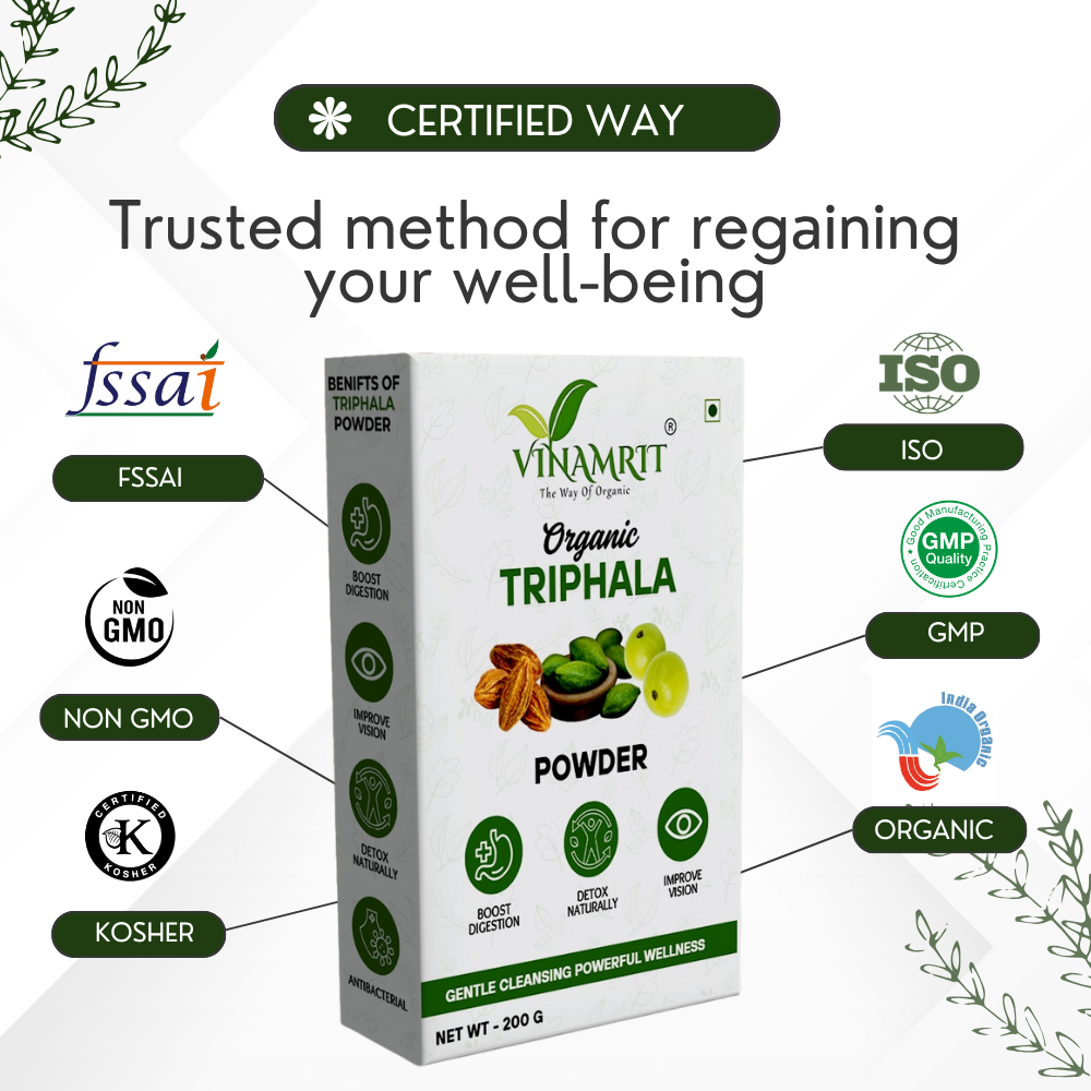 Vinamrit Triphala Powder | 100% Pure & Organic Herbal Blend | Traditional Ayurvedic Combination of Amalaki, Haritaki & Bibhitaki | 100g Pack