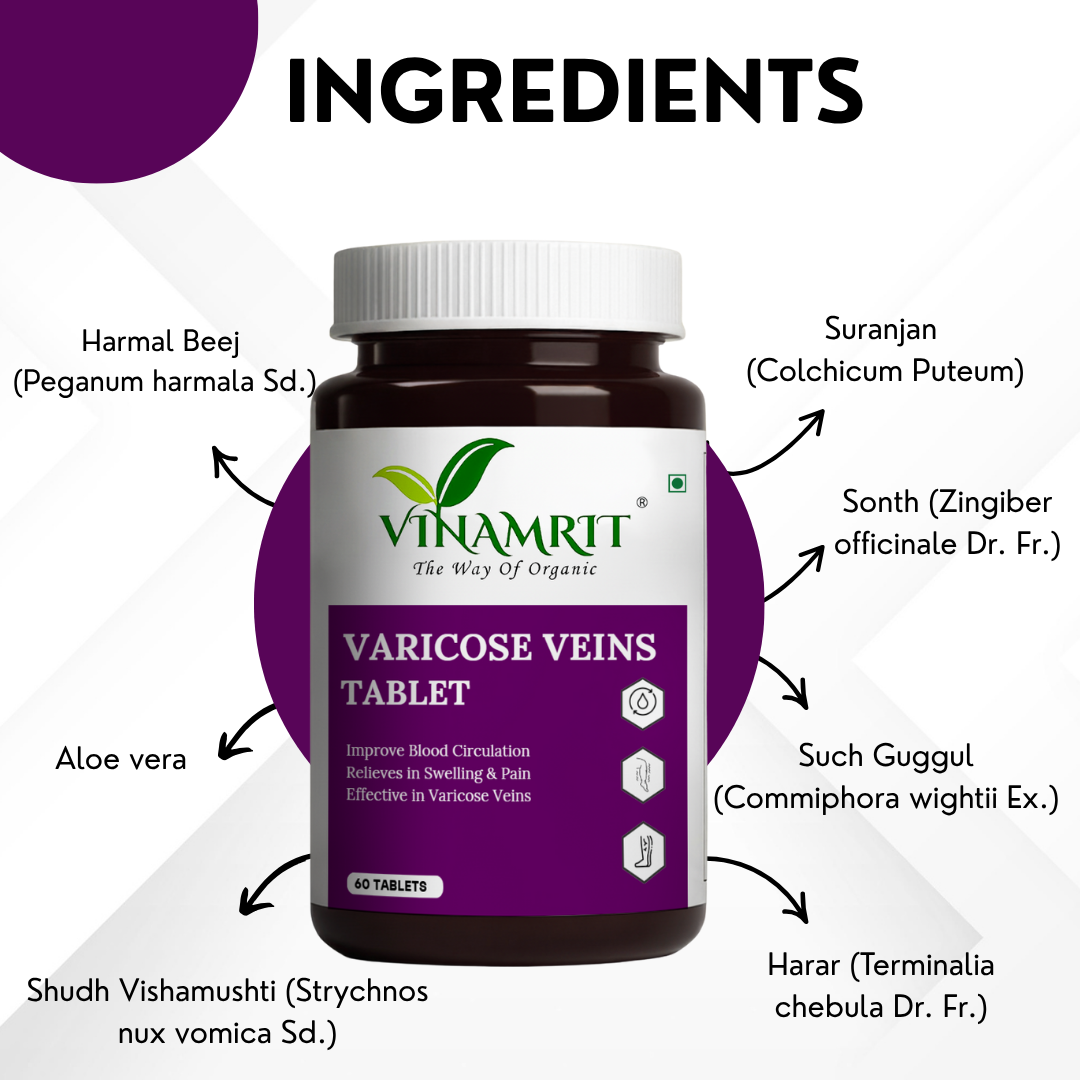 Vinamrit Varicose Veins Tablets | Ayurvedic Herbal Blend for Vein Wellness & Circulation Support | Enriched with Natural Extracts | 60 Tablets