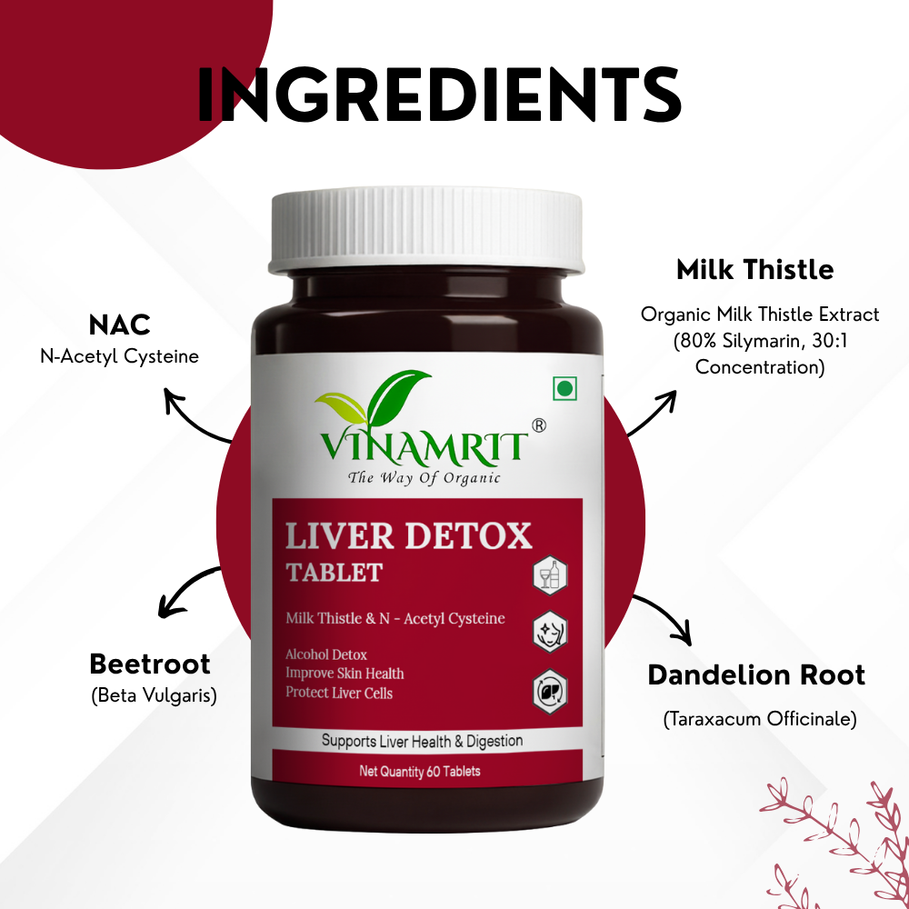 Vinamrit Liver Detox Tablets | Ayurvedic Herbal Supplement with Milk Thistle & NAC | Herbal Blend for Liver Cleanse & Daily Wellness | 60 Tablets