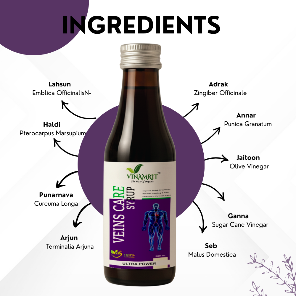 Vinamrit Veins Care Syrup – 200ml | Ayurvedic Herbal Blend | Made for Daily Vein Wellness & Comfort | 100% Natural Ingredients