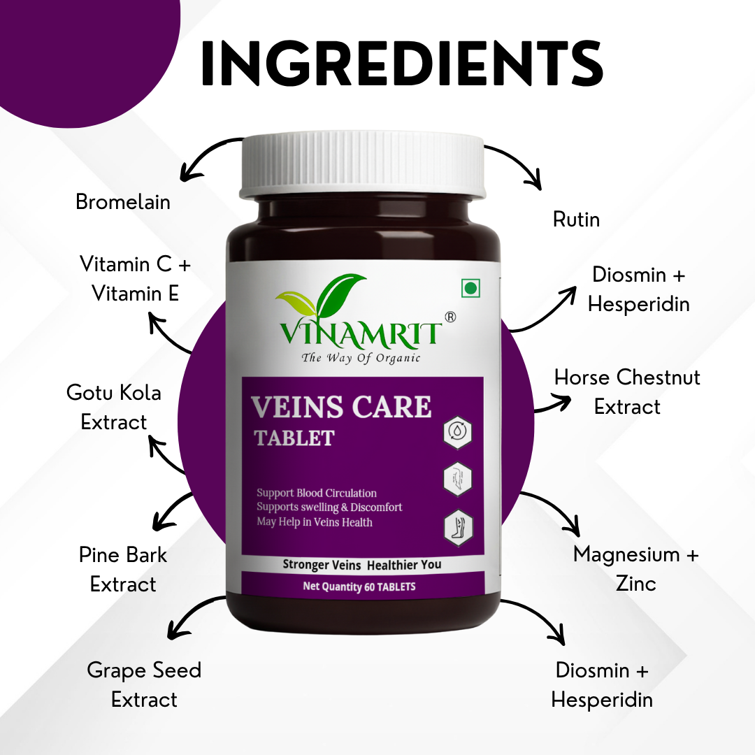 Vinamrit Veins Care Tablets | Ayurvedic Formula for Varicose Veins & Spider Veins Support | Herbal Blend for Leg & Vein Wellness | 30 Tablets