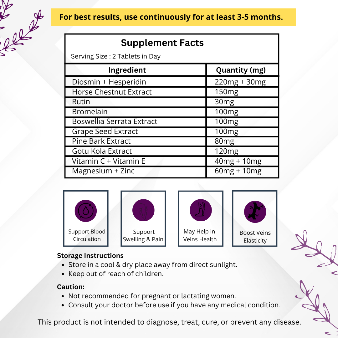 Vinamrit Veins Care Tablets | Ayurvedic Formula for Varicose Veins & Spider Veins Support | Herbal Blend for Leg & Vein Wellness | 30 Tablets