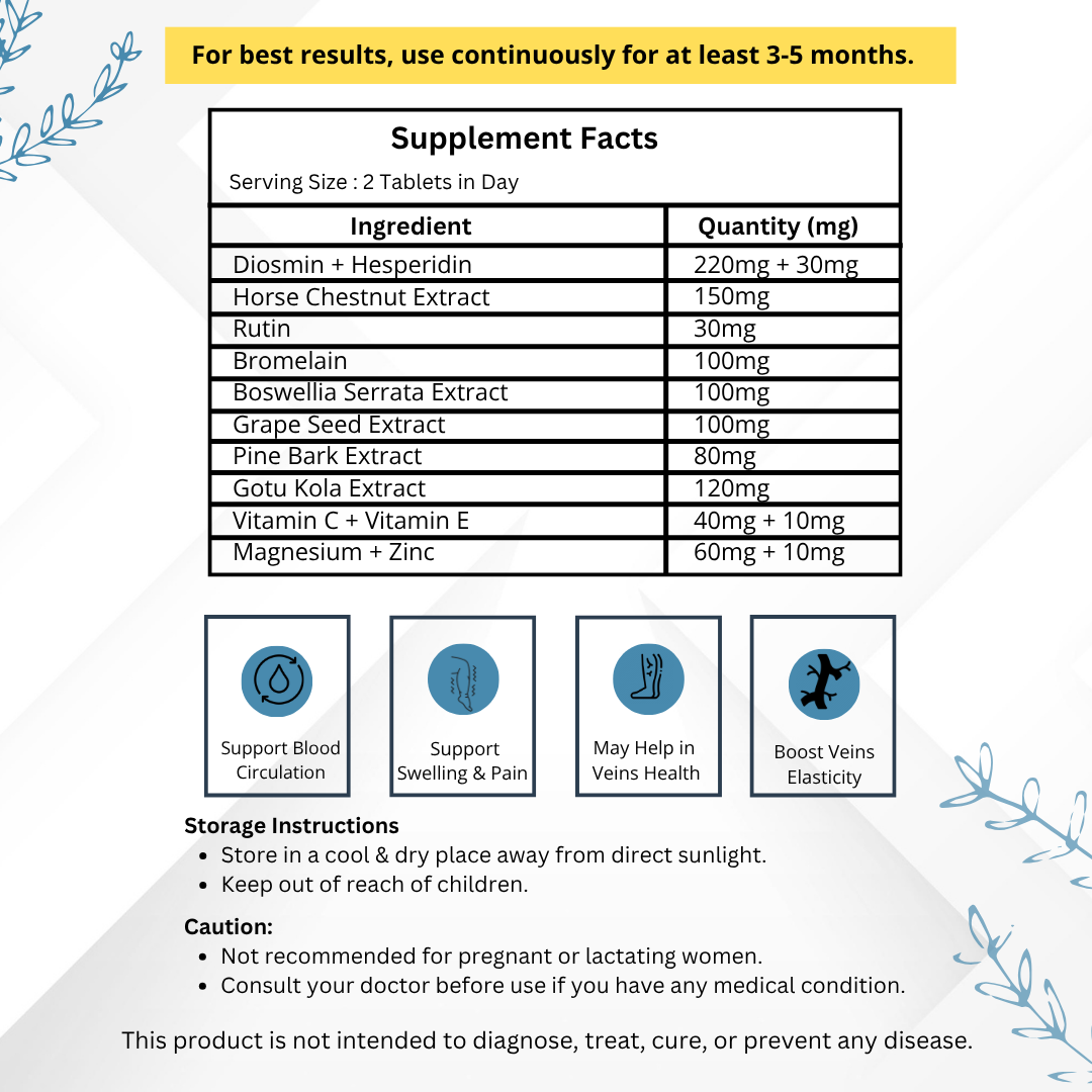 Vinamrit Veins Care Tablets | Ayurvedic Formula for Varicose Veins & Spider Veins Support | Herbal Blend for Leg & Vein Wellness | 30 Tablets