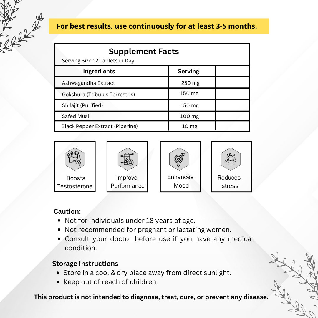 Vinamrit Men’s Vitality Tablet Shilajit & Gokshura | 60 Tablets for Strength, Stamina & Natural Testosterone Support 60 Tablets