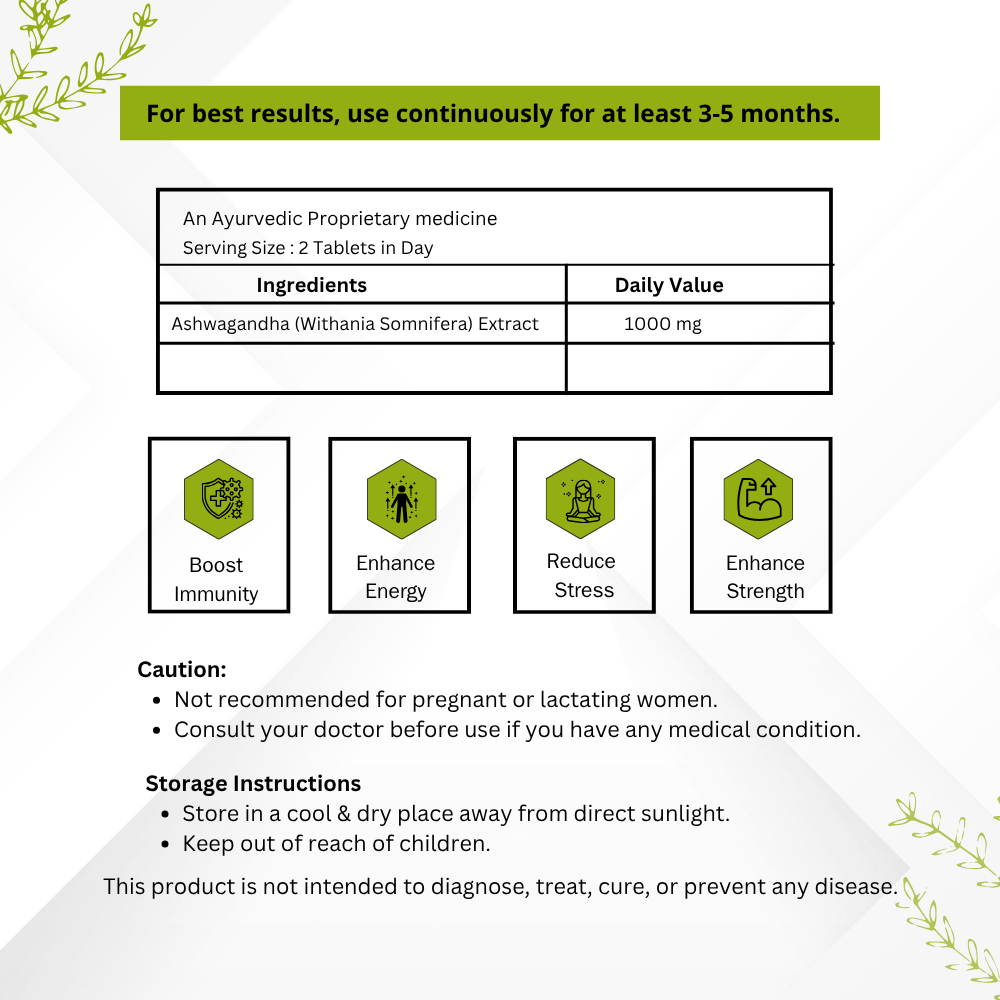 Vinamrit Ashwagandha Tablets – 1000 mg Pure Root Extract | 60 Tablets | Daily Wellness & Balance Support