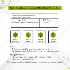 Vinamrit Ashwagandha Tablets – 1000 mg Pure Root Extract | 60 Tablets | Daily Wellness & Balance Support