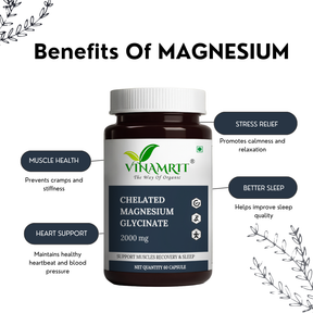 Vinamrit Chelated Magnesium Glycinate 2000mg | 440mg Elemental Magnesium | Supports Muscle Recovery, Sleep & Bone Health | Gentle on Stomach | 60 Veg Tablets