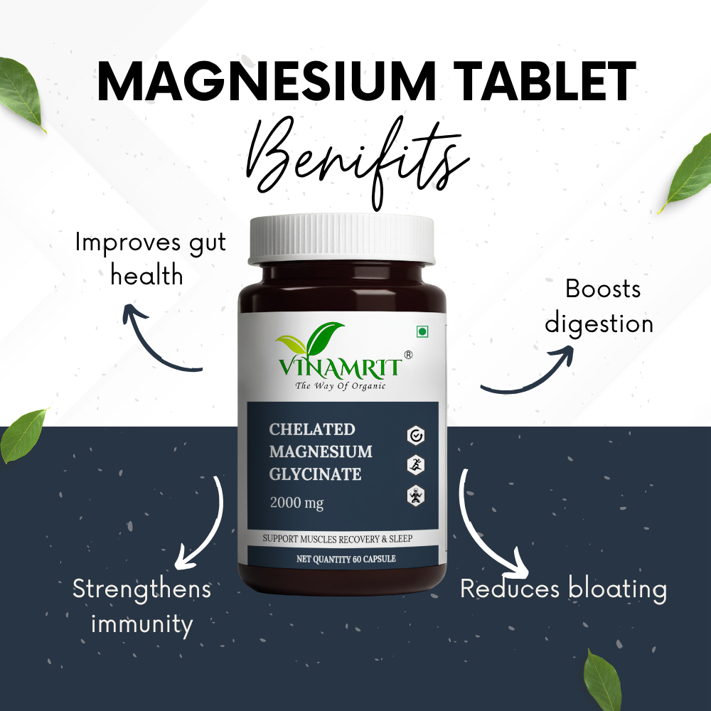 Vinamrit Chelated Magnesium Glycinate 2000mg | 440mg Elemental Magnesium | Supports Muscle Recovery, Sleep & Bone Health | Gentle on Stomach | 60 Veg Tablets