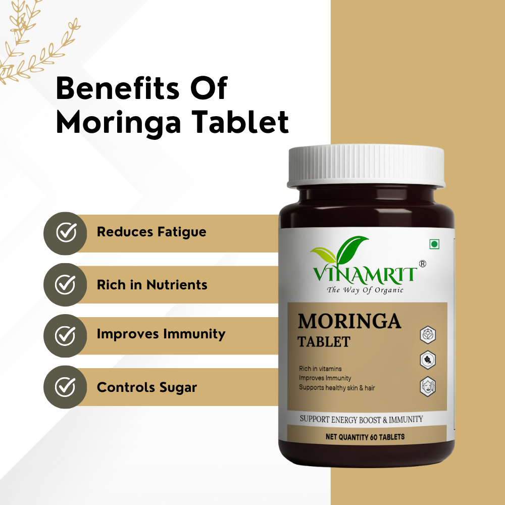 Vinamrit Moringa Tablets 500mg | Moringa Oleifera Leaf Powder Supplement | 100% Natural | 60 Vegetarian Tablets