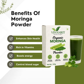 Vinamrit Moringa Powder | 100% Pure & Natural | Rich in Vitamins, Calcium & Antioxidants | Supports Immunity & Energy | 100g Pack | Superfood for Juices, Smoothies & Detox