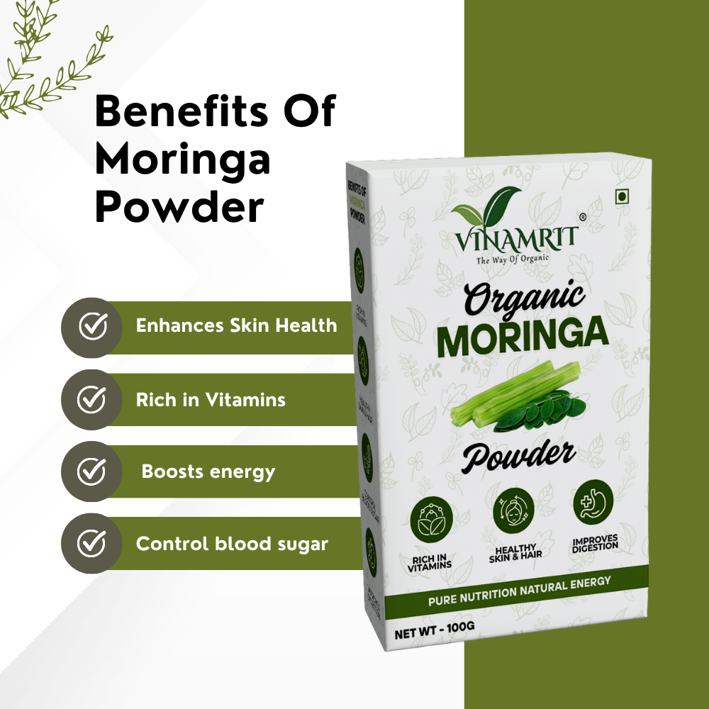 Vinamrit Moringa Powder | 100% Pure & Organic| Rich in Vitamins, Calcium & Antioxidants | Supports Immunity, Energy & Detox | 100g Pack | Ayurvedic Superfood for Juices, Smoothies & Wellness