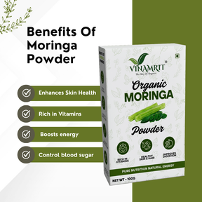 Vinamrit Moringa Powder | 100% Pure & Organic| Rich in Vitamins, Calcium & Antioxidants | Supports Immunity, Energy & Detox | 100g Pack | Ayurvedic Superfood for Juices, Smoothies & Wellness