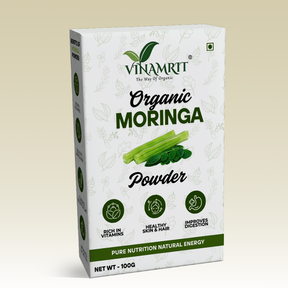 Vinamrit Moringa Powder | 100% Pure & Organic| Rich in Vitamins, Calcium & Antioxidants | Supports Immunity, Energy & Detox | 100g Pack | Ayurvedic Superfood for Juices, Smoothies & Wellness