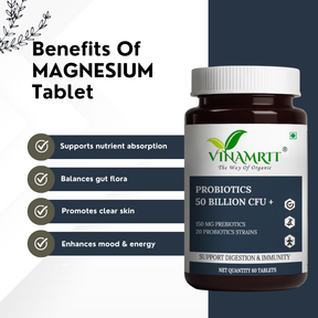 Vinamrit Probiotics Supplement 50 Billion CFU | With Prebiotics & 20 Powerful Strains | Supports Digestion, Gut Health & Immunity | 60 Vegetarian Capsules