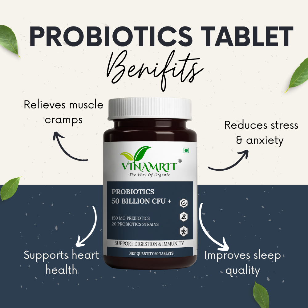 Vinamrit Probiotics Supplement 50 Billion CFU | With Prebiotics & 20 Powerful Strains | Supports Digestion, Gut Health & Immunity | 60 Vegetarian Capsules