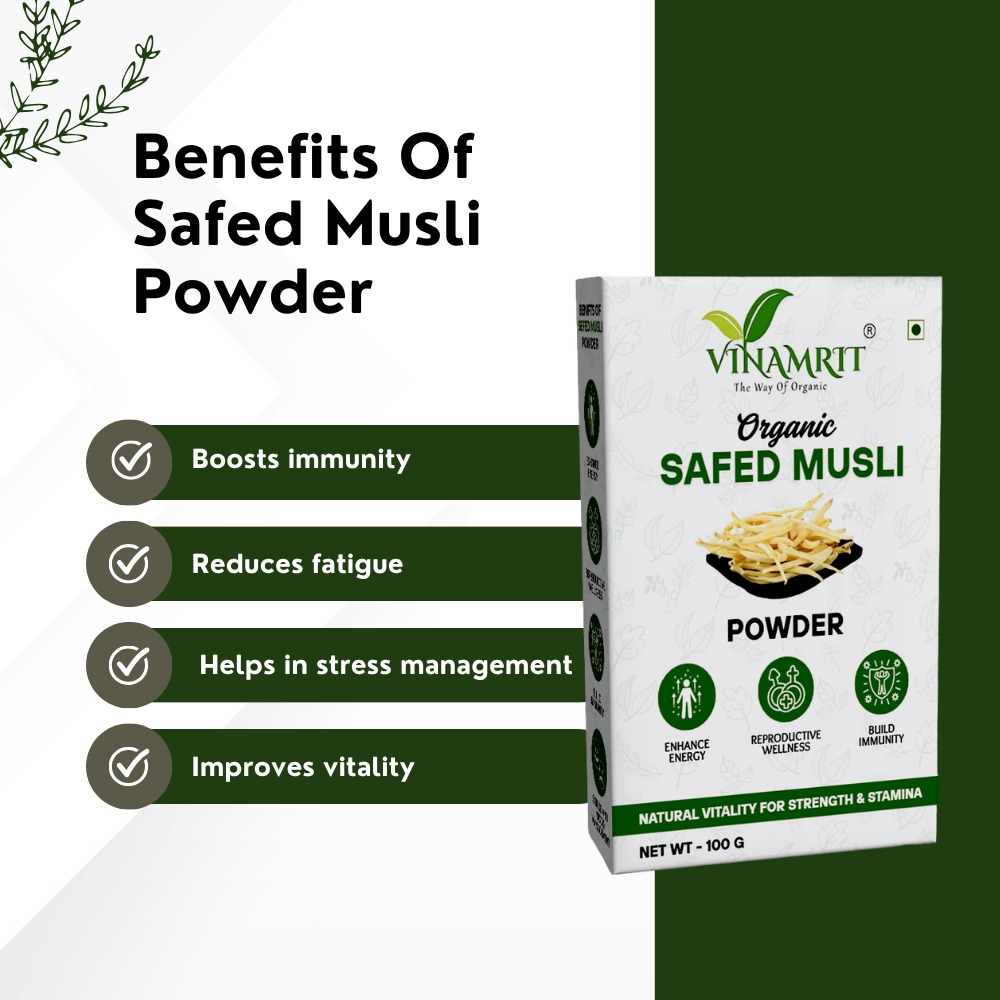Vinamrit Safed Musli Powder | 100% Pure & Organic | Traditional Ayurvedic Root for Wellness & Vitality | 100g Pack