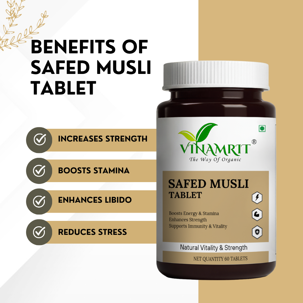 Vinamrit Safed Musli Capsules 660mg | Ayurvedic Vitality & Strength Supplement | With Shilajit & Gokshura | 60 Vegetarian Capsules