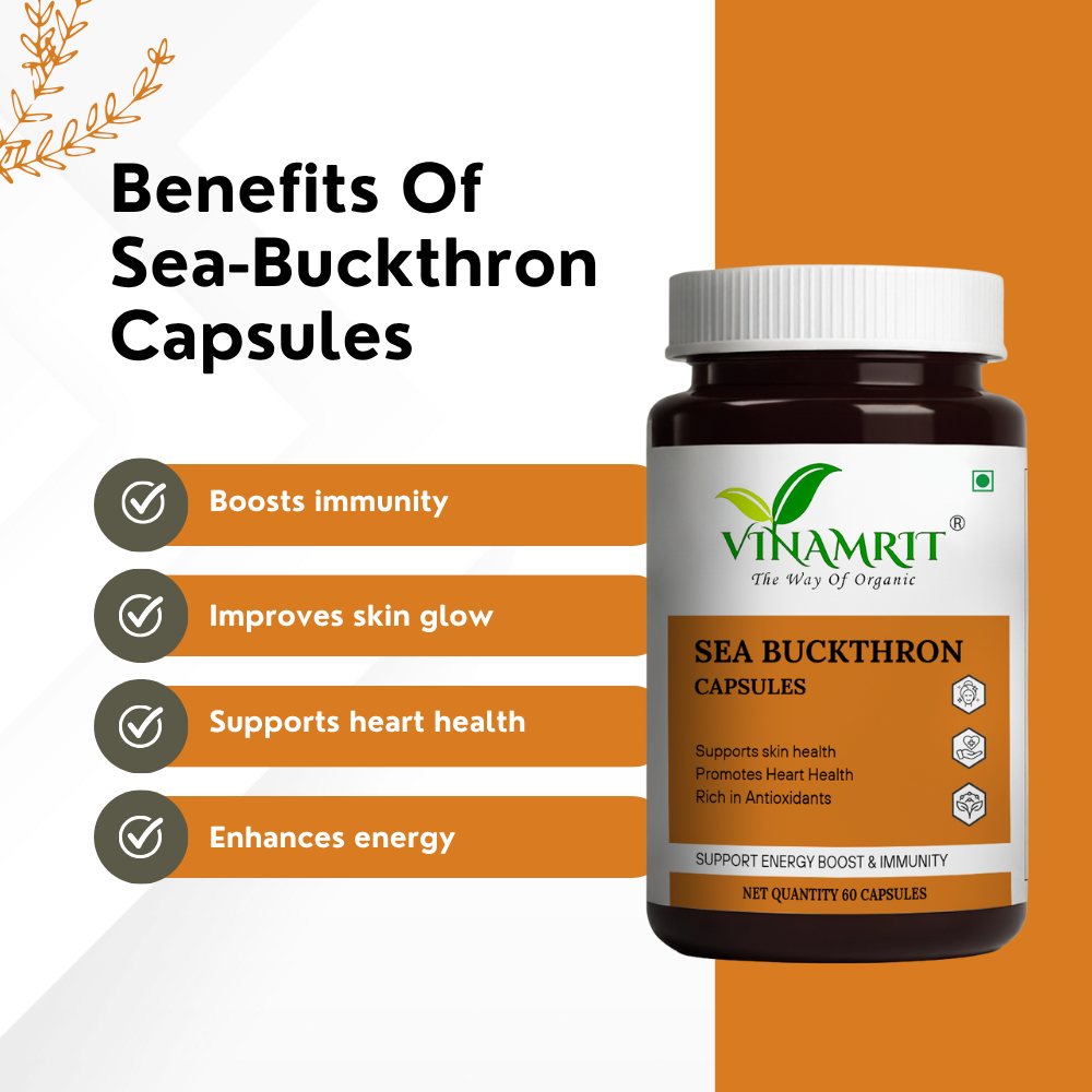 Vinamrit 100% Pure Sea Buckthorn Capsules | Omega 3, 6, 7 & 9 Rich | 60 Herbal Capsules for Daily Wellness