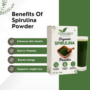 Vinamrit Spirulina Powder | 100% Pure & Natural | Plant-Based Protein & Iron | Supports Immunity, Energy & Detox | 100g Pack | Superfood for Smoothies, Juices & Fitness