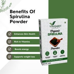 Vinamrit Spirulina Powder | 100% Pure & Organic| Plant-Based Protein & Iron | Boosts Immunity, Energy & Detox | 100g Pack | Superfood for Smoothies, Juices & Fitness