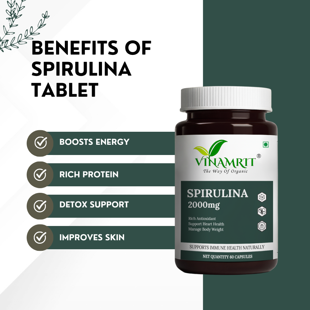 Vinamrit Organic Spirulina Tablets 1000mg | Plant-Based Superfood | Rich in Natural Protein, Vitamins & Minerals | 60 Vegetarian Tablets