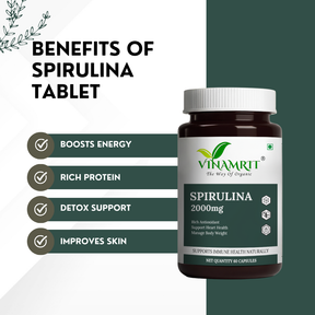 Vinamrit Organic Spirulina Tablets 1000mg | Plant-Based Superfood | Rich in Natural Protein, Vitamins & Minerals | 60 Vegetarian Tablets