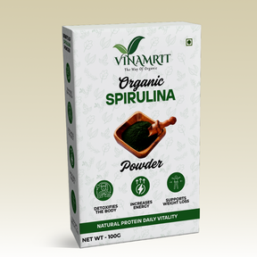 Vinamrit Spirulina Powder | 100% Pure & Organic| Plant-Based Protein & Iron | Boosts Immunity, Energy & Detox | 100g Pack | Superfood for Smoothies, Juices & Fitness