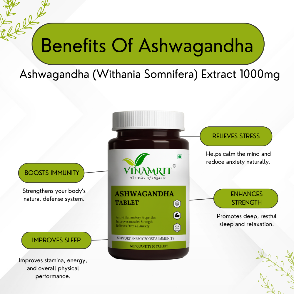 Vinamrit Ashwagandha Tablets 1000mg | Herbal Root Supplement 60 Tabs