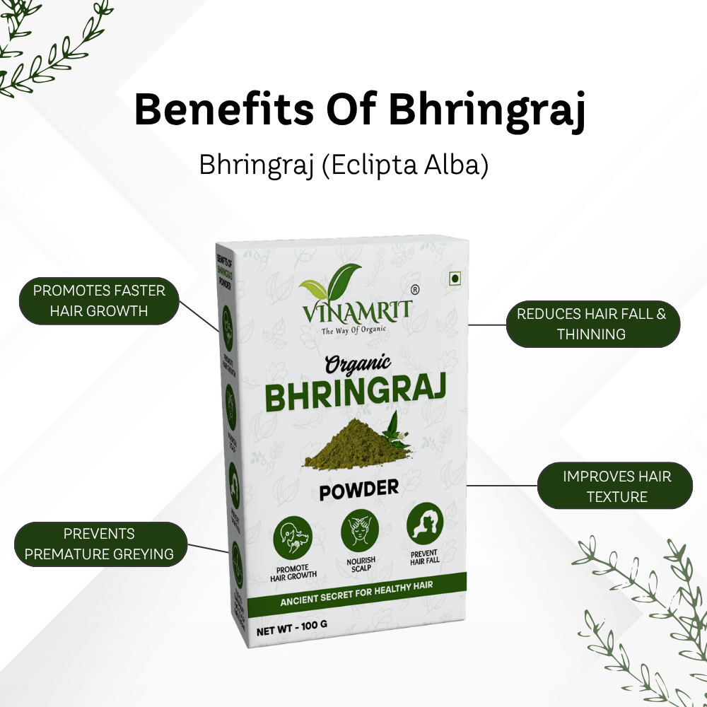 Vinamrit Bhringraj Powder | 100% Pure & Organic| Promotes Hair Growth, Strength & Scalp Health | 100g Pack | Ayurvedic Herbal Powder for Strong & Healthy Hair