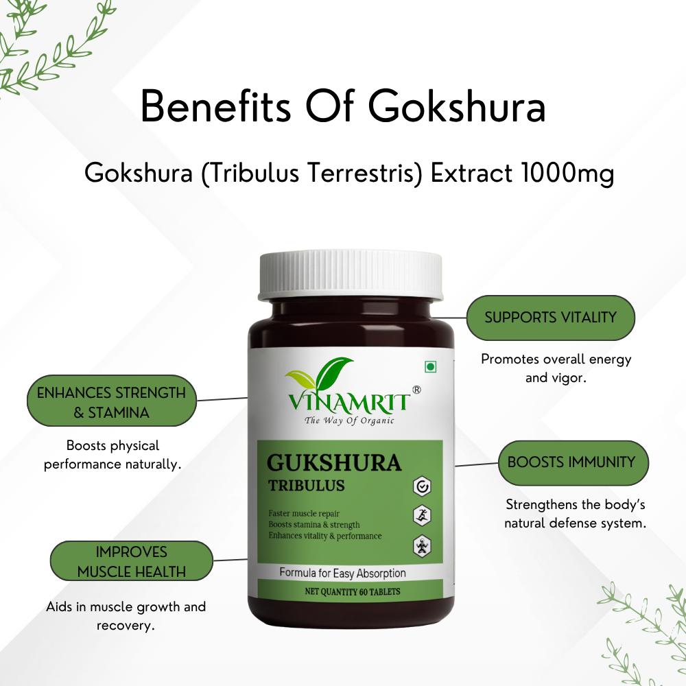Vinamrit Gokshura Tablets 1000 mg | Ayurvedic Energy & Strength Support | 60% Saponins | Tribulus Terrestris for Men & Women | 60 Vegetarian Tablets