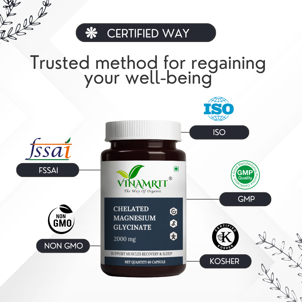 Vinamrit Chelated Magnesium Glycinate 2000mg | 440mg Elemental Magnesium | Supports Muscle Recovery, Sleep & Bone Health | Gentle on Stomach | 60 Veg Tablets