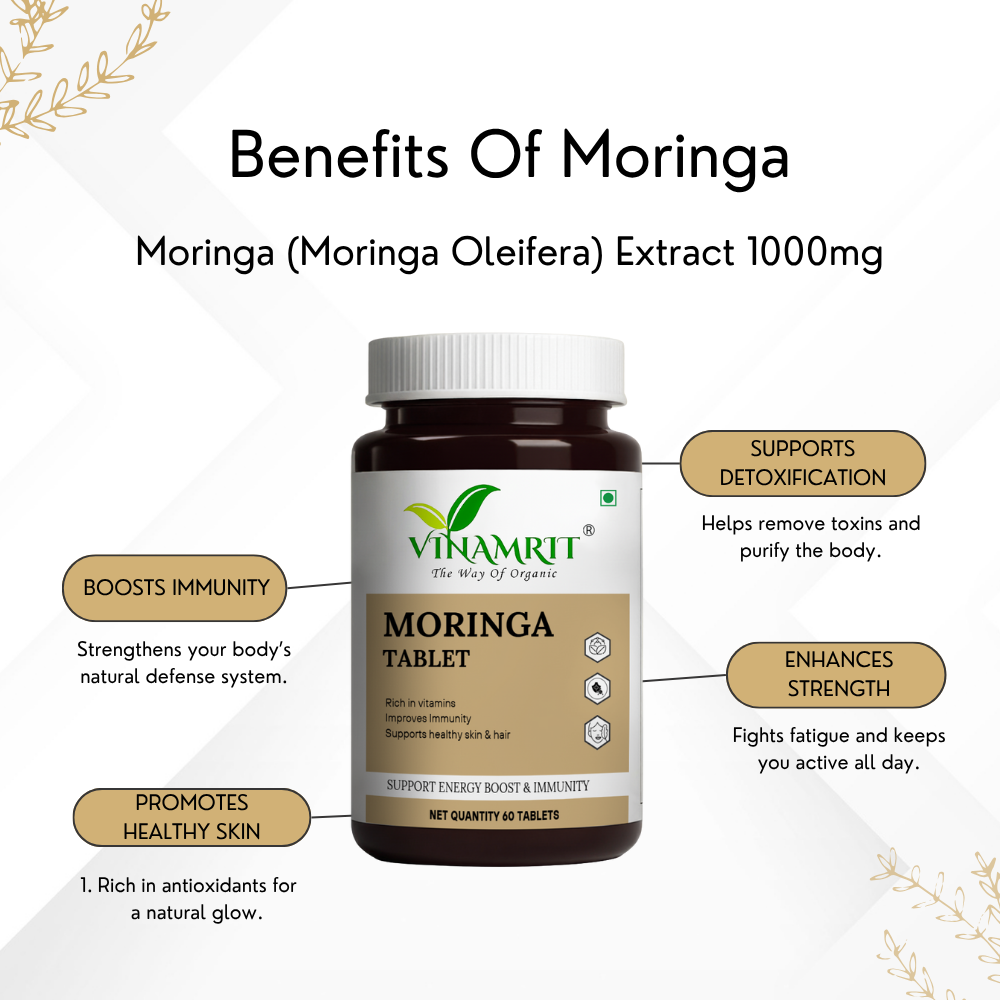 Vinamrit Moringa Capsules (500mg) | Ayurvedic Drumstick Leaf Supplement for Daily Wellness & Vitality | 100% Natural & Vegetarian | 60 Tablets