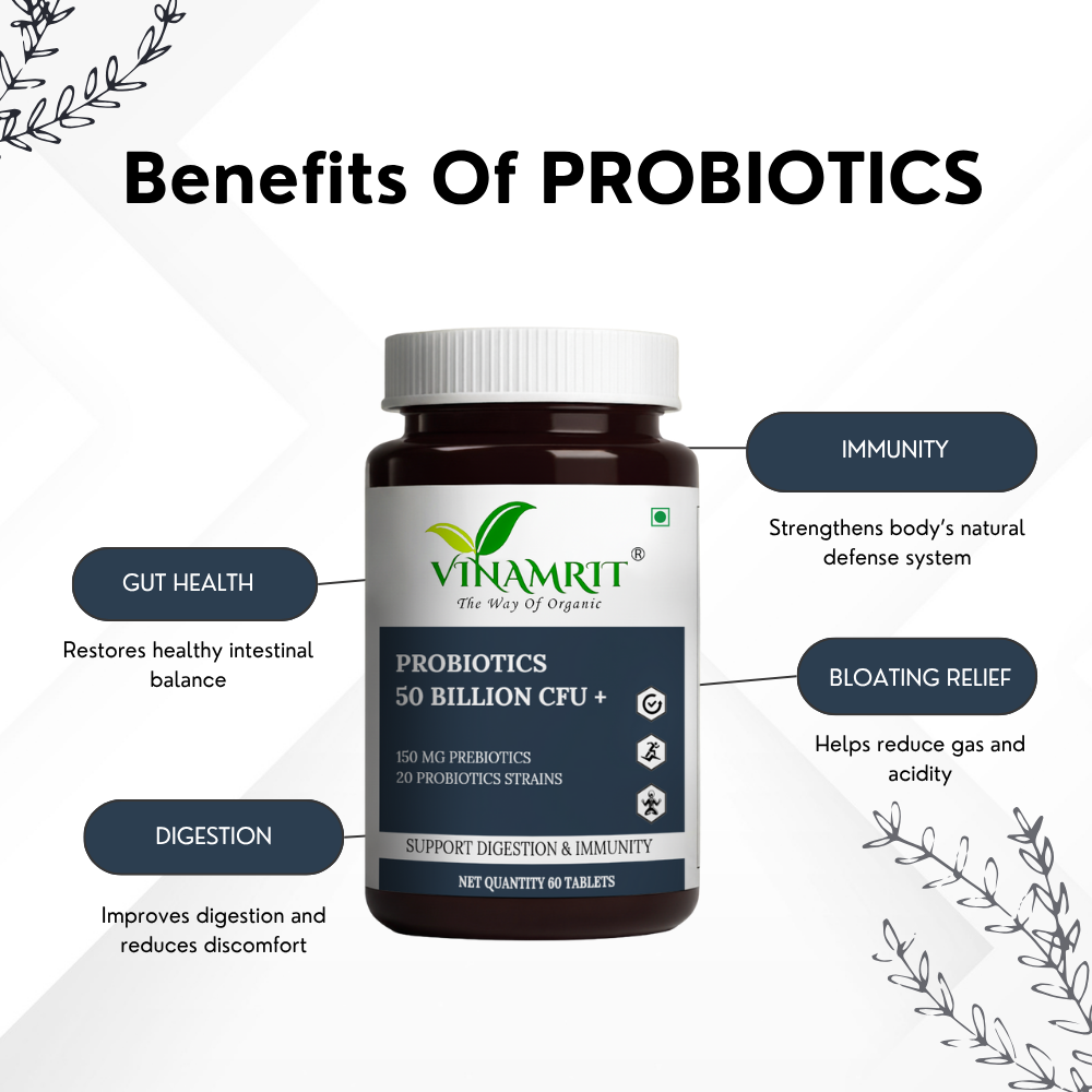 Vinamrit Probiotics Supplement 50 Billion CFU | With Prebiotics & 20 Powerful Strains | Supports Digestion, Gut Health & Immunity | 60 Vegetarian Capsules