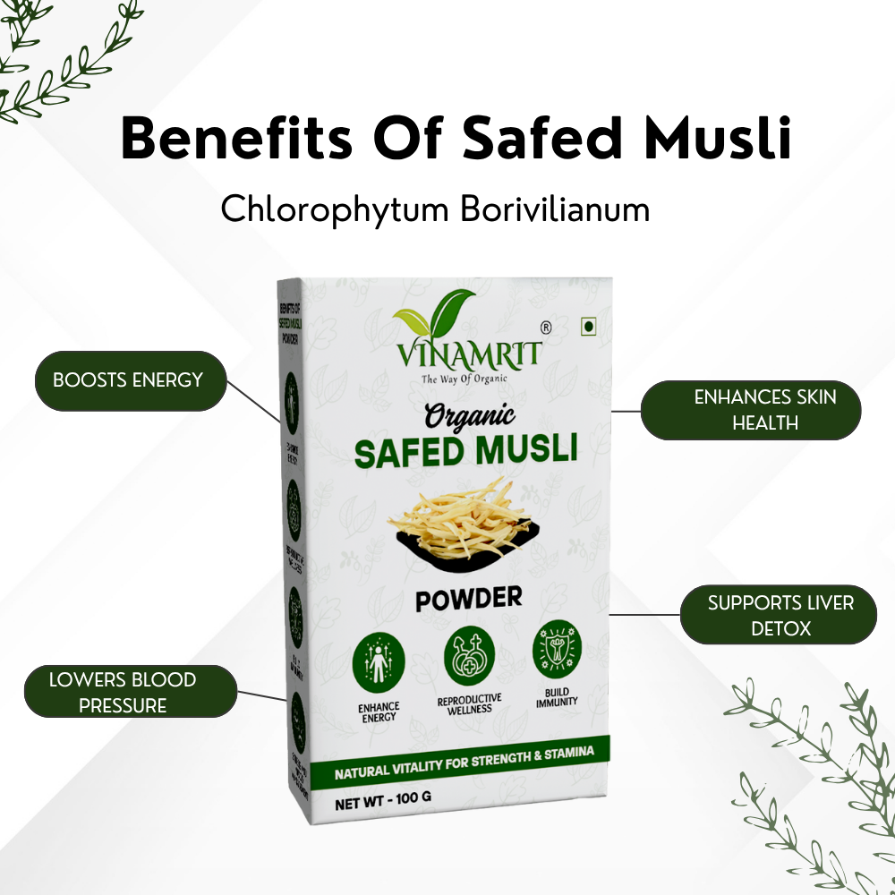 Vinamrit Safed Musli Powder | 100% Pure & Organic | Traditional Ayurvedic Root for Wellness & Vitality | 100g Pack