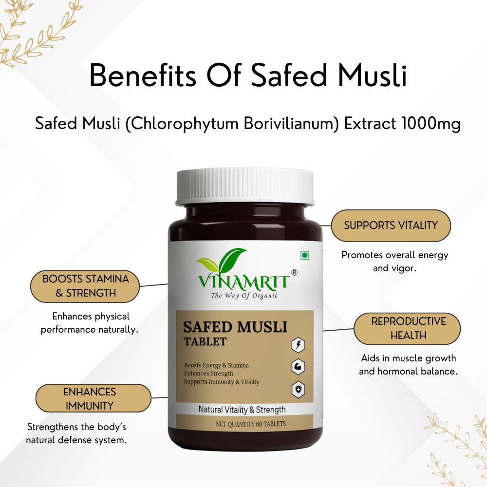 Vinamrit Safed Musli Capsules 660mg | Ayurvedic Vitality & Strength Supplement | With Shilajit & Gokshura | 60 Vegetarian Capsules
