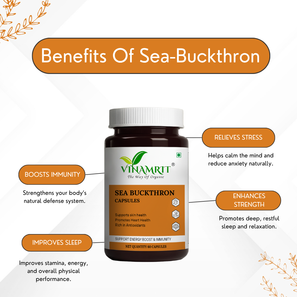 Vinamrit 100% Pure Sea Buckthorn Capsules | Omega 3, 6, 7 & 9 Rich | 60 Herbal Capsules for Daily Wellness