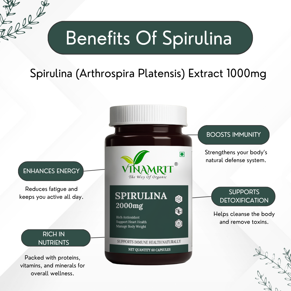 Vinamrit Organic Spirulina Tablets 1000mg | Plant-Based Superfood | Rich in Natural Protein, Vitamins & Minerals | 60 Vegetarian Tablets