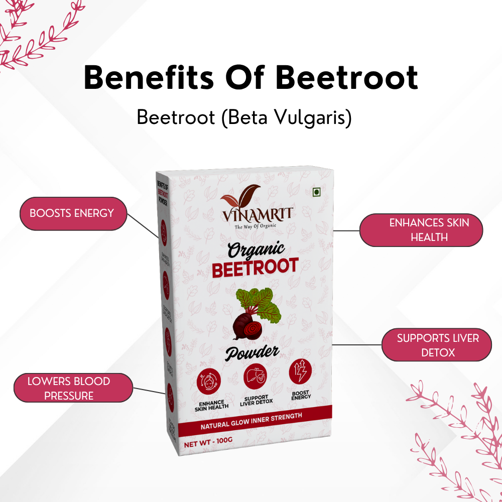Vinamrit Beetroot Powder | 100% Pure & Organic| Boosts Energy, Stamina & Blood Circulation | 100g Pack | Plant-Based Superfood for Smoothies, Juices & Skincare