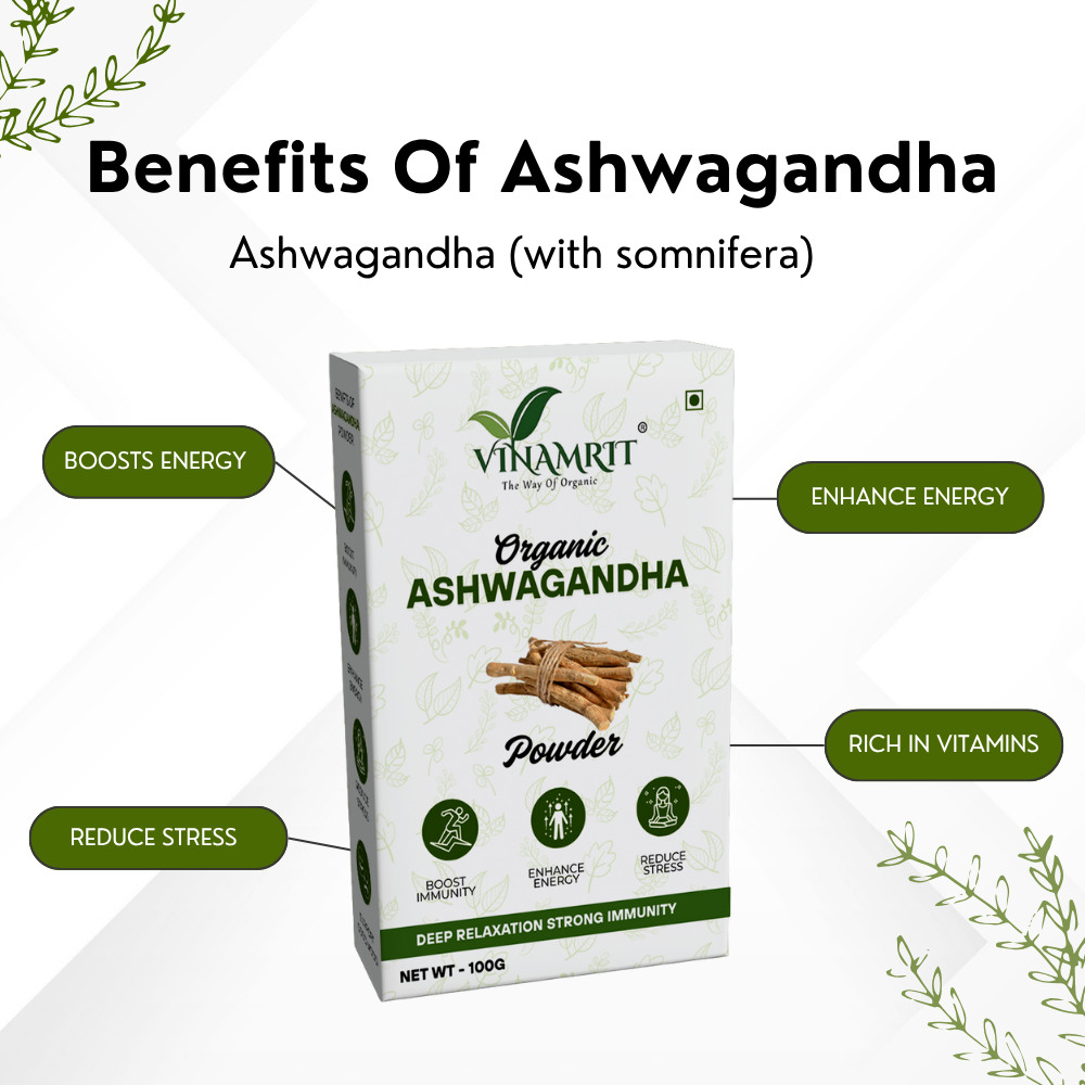 Vinamrit Ashwagandha Powder | 100% Pure & Natural Root Powder | Ayurvedic Adaptogenic Herb for Daily Wellness & Vitality | 100g Pack