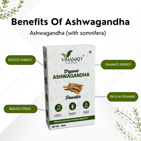 Vinamrit Ashwagandha Powder | 100% Pure & Natural Root Powder | Ayurvedic Adaptogenic Herb for Daily Wellness & Vitality | 100g Pack