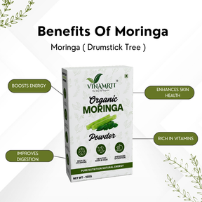 Vinamrit Moringa Powder | 100% Pure & Organic| Rich in Vitamins, Calcium & Antioxidants | Supports Immunity, Energy & Detox | 100g Pack | Ayurvedic Superfood for Juices, Smoothies & Wellness