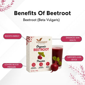 Vinamrit Beetroot Powder | Natural & Pure | Rich in Iron & Nitrates | Boosts Energy, Stamina & Blood Circulation | 100g Pack | Plant-Based Superfood for Juicing, Smoothies & Skincare