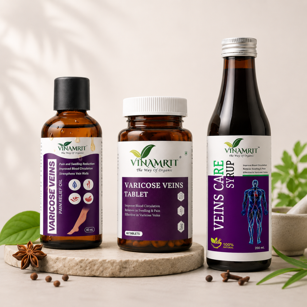 Vinamrit Varicose Veins Care Combo | Veins Oil 60ml +  Veins Tablets 60 Tablets + Veins Care Syrup 200ml