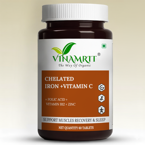 Vinamrit Chelated Iron with Vitamin C, B12, Folic Acid & Zinc – Advanced Iron Supplement for Energy, Immunity & Blood Health (60 Tablets)